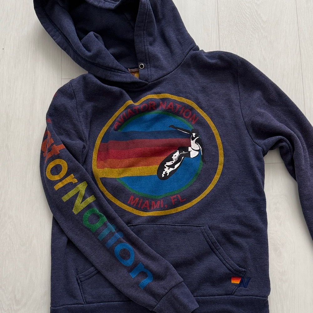 Aviator Nation Dark Blue Hoodie with Multicolor Logo